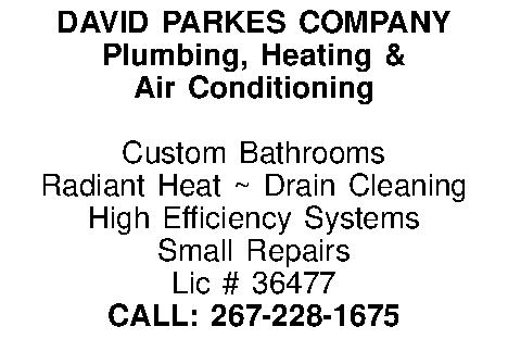 DAVID PARKES COMPANY Plumbing, Heating  DAVID PARKES COMPANY Plumbing, Heating & Air Conditioning  Custom Bathrooms Radiant Heat ~ Drain Cleaning High Efficiency Systems Small Repairs Lic # 36477 CALL: 267-228-1675 